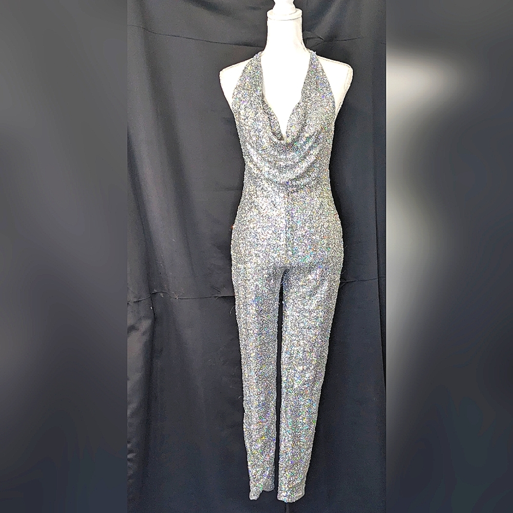 GEEBIN FLORES SILVER SEQUIN BACKLESS JUMPSUIT SIZE SMALL